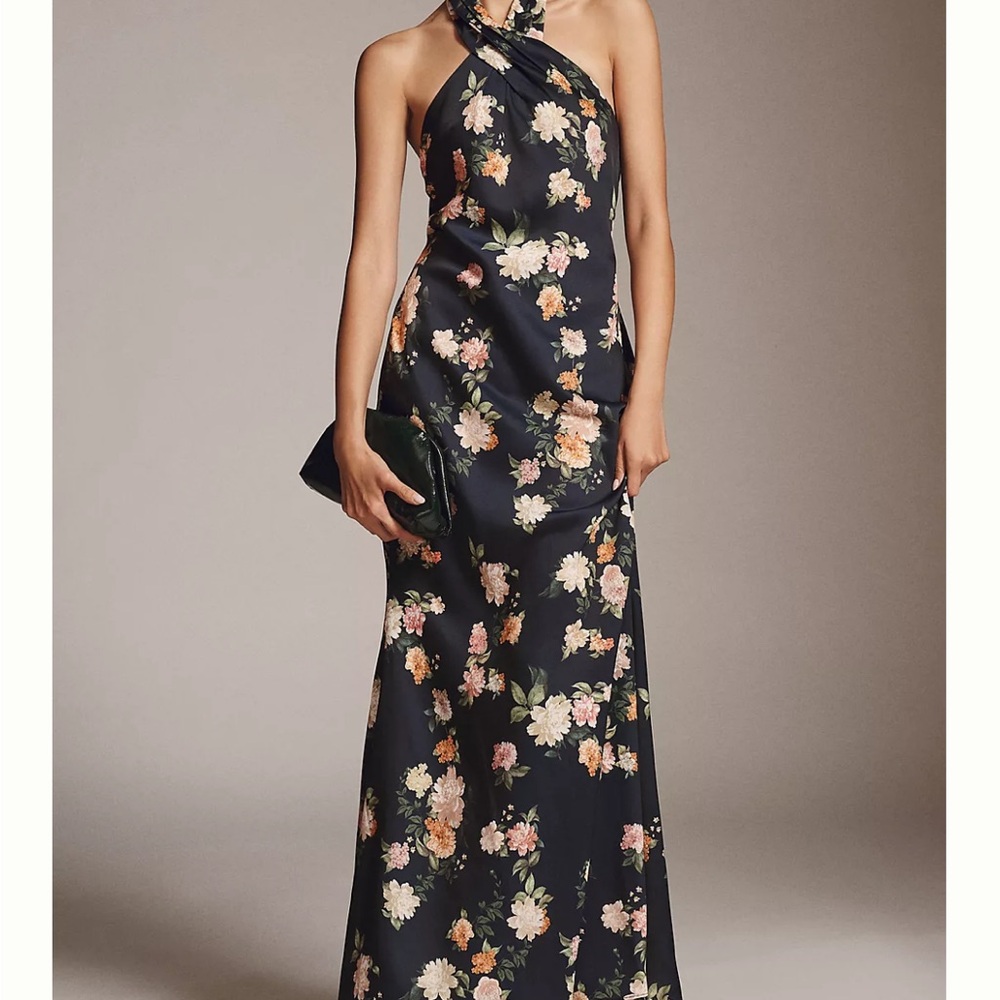 BHLDN Black Floral One-Shoulder Maxi Gown